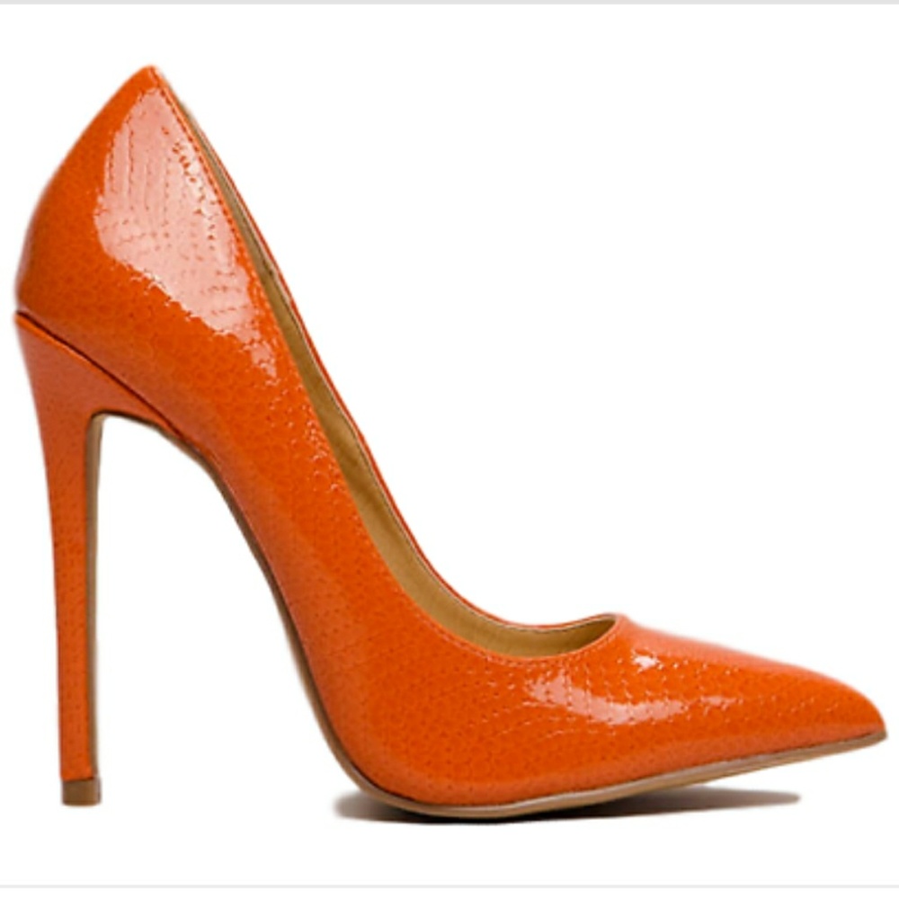 Nimo- Orange Pointy Toe Faux Snakeskin Patent Pump